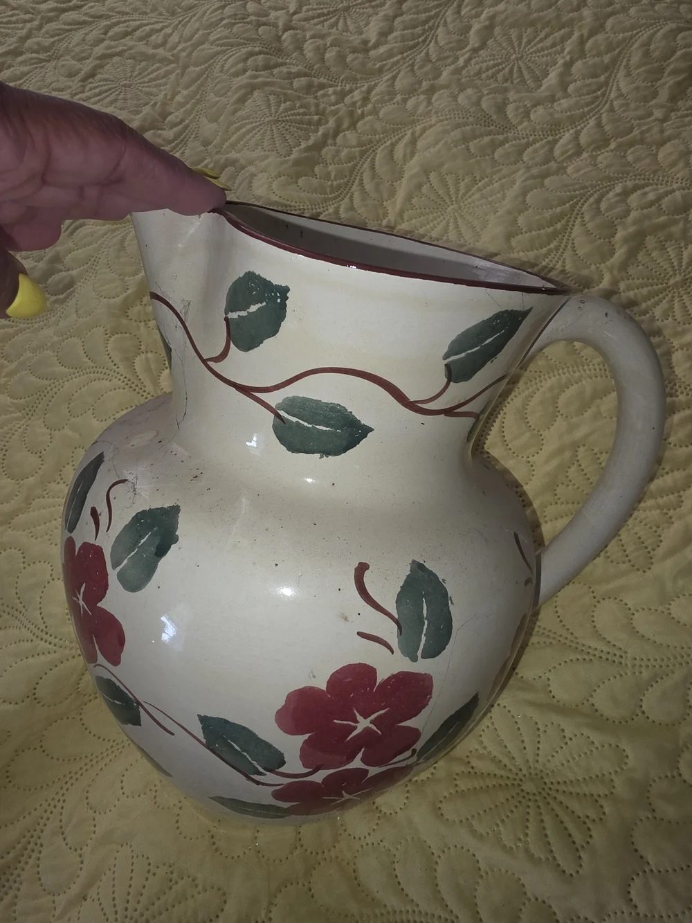 Cream Ceramic Pitcher with Red Floral Design